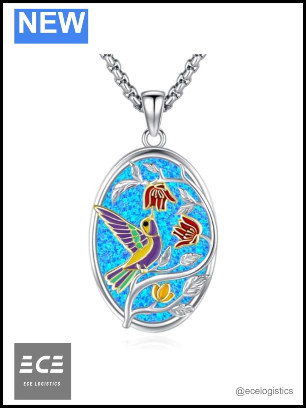 925 Sterling Silver Hummingbird Pendant Necklace Blue Opal Enamel 20in
